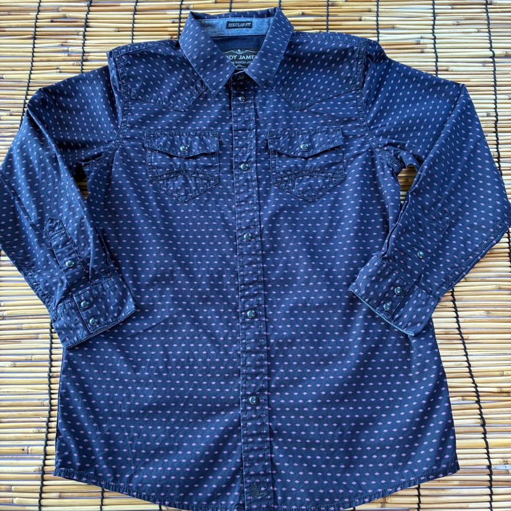 Cody James Boys XL Navy Blue Diamond Print Western Snap Button Down Shirt